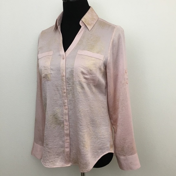 Express | Blush & Gold V-Neck Blouse - Picture 4 of 8